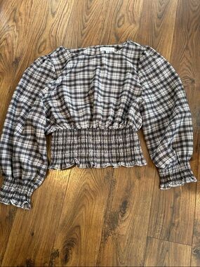Fate + Fortune Plaid Smocked Waist Long Sleeve Top - Brown/White
